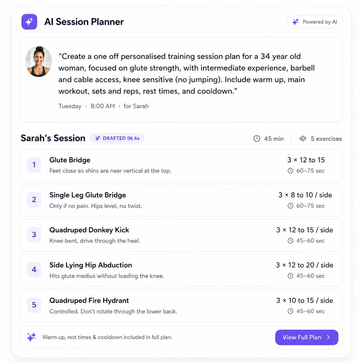 AI Session Planner generating a personalised glute strength session for a client