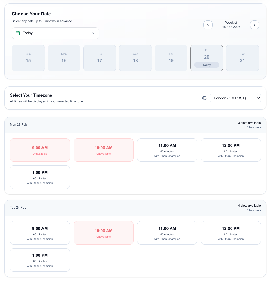 Online booking system with live trainer availability
