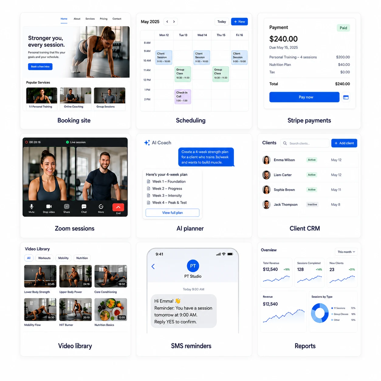 PT Suite all-in-one platform: booking site, scheduling, payments, Zoom sessions, AI planner, client CRM, video library, SMS reminders, reports